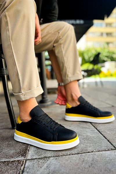 Paolo Zaccardi Santoni P979 - Pantofi pentru bărbați cu talpă ortopedică, piele casual, CBT negru/galben