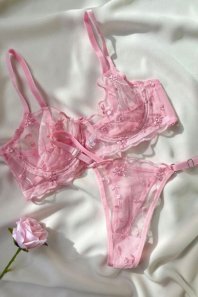 Snowdrop Spring Flower Lace Underwire Lingerie Set - Pudra