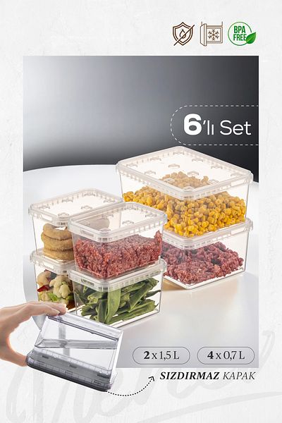 Vienev Clear Storage Container - 6-Piece, 2X(1.5 Lt)-4X(0.7 Lt) Block, Refrigerator and Deep Freezer, Leak-Proof