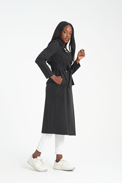 Soydan Güner Astarsız Su Geçirmez Kırışmaz Ara Boy Yazlık Trençkot Siyah 7620