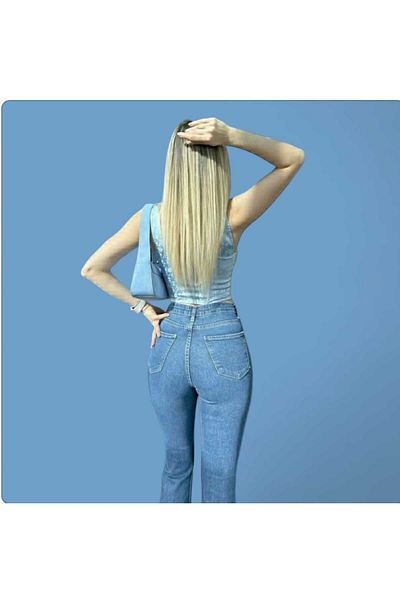 LİMABEL Inna Gold Flare Jeans Fade Medium Blue Flare Jeans Pantaloni din denim cu talie înaltă