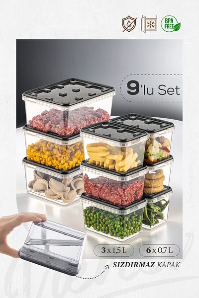 Vienev 9 Block - 1.5 Lt-0.7 Lt Leak Proof Storage Container, Clear Anthracite Refrigerator and Deep Freezer