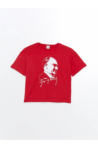 LC Waikiki Lcw Kids Red Crew Neck Ataturk Printed Girl's T-Shirt