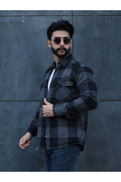 Esra Butik Hane Γκρι μαύρο καρό ανδρικό πουκάμισο ξυλοκόπο με μακρυμάνικο κουμπιά - Κατάλληλο για καθημερινό κομψό στυλ