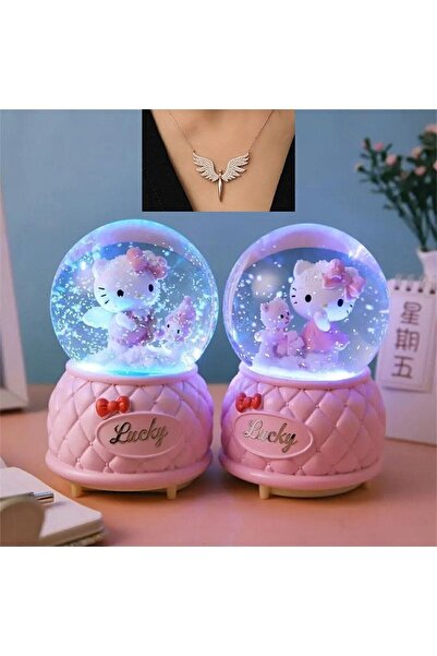 hediyesahibi Hello Kıtty Işıklı Müzikli Orta Boy Kar Küresi VE Melek Kolye He...