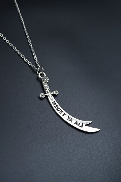 Had Safha Zülfikar Kılıcı Gümüş Kaplama Unisex Düz Zincir Kolye kod 645