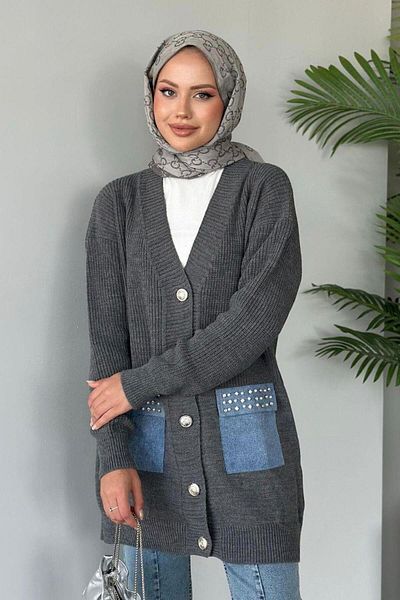 BERNEO Pulover cardigan cu buzunar din denim gri