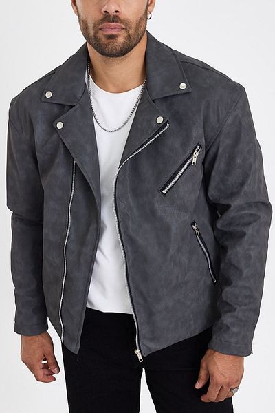 MADZEYMODA Ανδρικό δερμάτινο μπουφάν με διαγώνιο φερμουάρ που πλένεται καπνιστό Mz58537