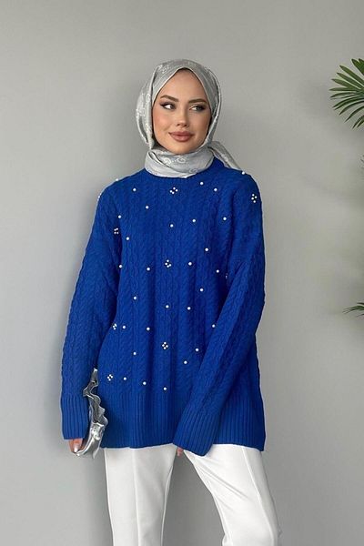 Şulemoda Giyim سترة تريكو لؤلؤية زرقاء من ساكس