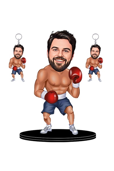 wonderlike Kişiye Özel Boksör Figürlü 2 Adet Anahtarlık Hediyeli 3d Ahşap Bib...