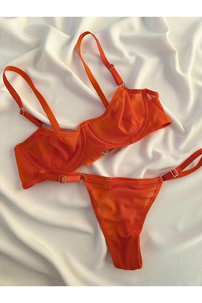 Snowdrop Orange Transparent Tulle Underwire Bra Set