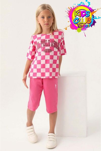 U.S. Polo Assn. Costum Capri pentru fete, cu licență, în carouri, roz praf, Polo Assn