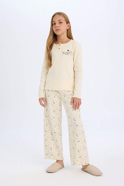 DeFacto Dfc - Girl's Regular Fit Ribbed Camisole Printed Long Sleeve Pajamas Set