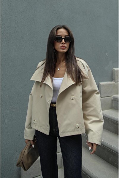 Havoş لون الحجر مزدوجة الصدر طوق معطف خندق قصير