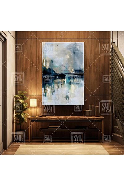 SML TABLO Soyut Sanatsal Turkuaz Gri ve Petrol Rengi Üzerine Fırça Darbeleri ...