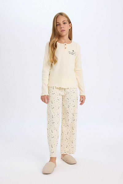 DeFacto Dfc - Girl's Regular Fit Ribbed Camisole Printed Long Sleeve Pajamas Set