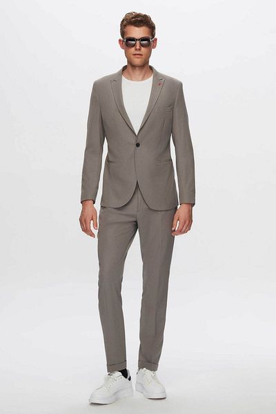 Twn Slim Fit Gray Plain Pointed Collar Viscose Suit Dress