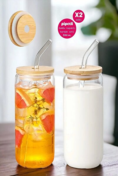 Berdina Home 2li Bambu Kapaklı Pipetli Isıya Dayanıklı Cam Bardak 550 ml Kola...