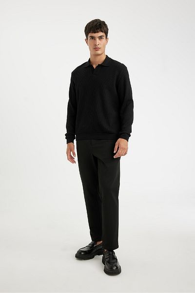 DeFacto Black Regular Fit Polo Collar Jacquard Knitwear Sweatshirt A9785Ax24Au