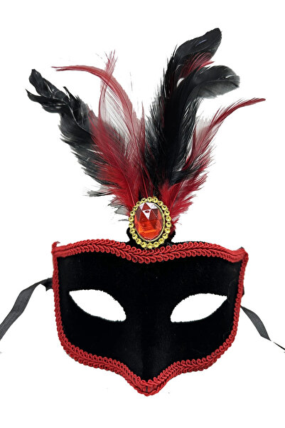Twin Store Red Lace Black Red Feather Black Suede Coated Party Mask 17X25 cm