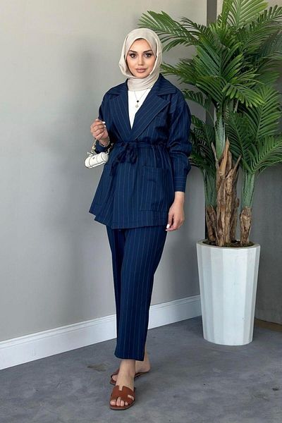 Şulemoda Giyim Navy Blue Striped Waist Tunnel Suit