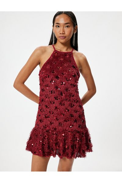 Koton Mini rochie de seară fără mâneci, cu decolteu cu paiete, cu volan