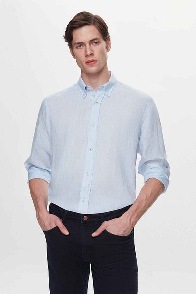 D'S Damat Πουκάμισο Comfort Blue Flamed 100% λινό