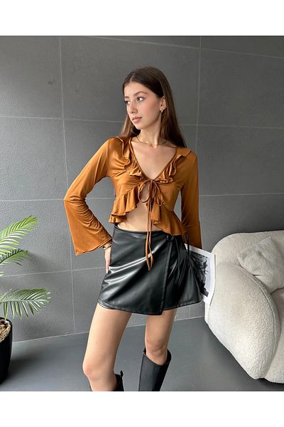 Fav Style Γυναικεία ισπανική μακρυμάνικη μπλούζα με βολάν με λεπτομέρεια V-λαιμόκοψη Crop Cinnamon