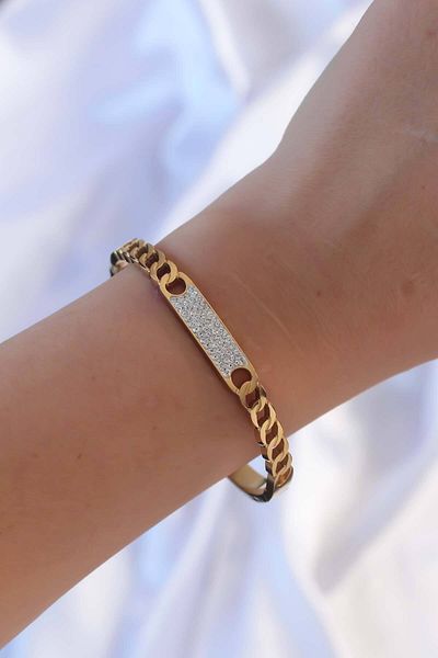 Moka Shopin Mokashopin Erb 316L Steel Gold Color Zircon Stone Chain Patterned Handcuffs