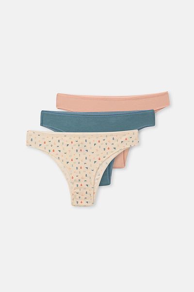Dagi Ecru-Grau Blau-Pulver Damen 3-teiliges gemustertes brasilianisches Höschen