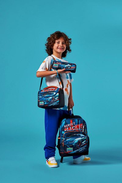 Yaygan Coral High Black Nefti Race Car Patterned 3-Piece School Bag Set