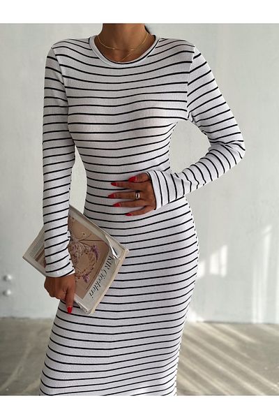 YUSUF CAN KARATAŞ KARATAŞ GİYİM Women's White Striped Long Sleeve Flexible Knitted Dress Suitable for Hijab Height 135 cm