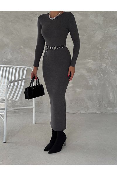 YUSUF CAN KARATAŞ KARATAŞ GİYİM Women's Black Crew Neck Camisole Fabric Long Sleeve Pencil Dress Hijab Suitable Length cm135 cm