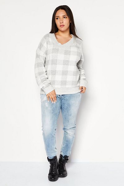 Felina Women V-Neck Checkered Sweatshirt, Grey