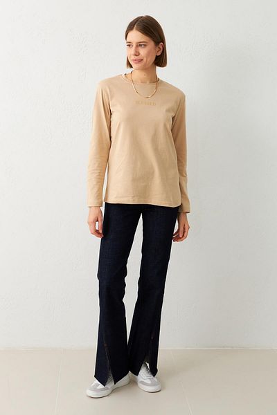 Setre Long Sleeve Print Detailed Beige Sweatshirt - Crew Neck