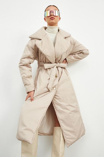 Setre Long Coat with Stone Waist and Cushion Collar Detail