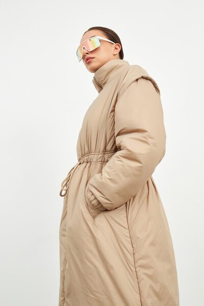 Setre Μπεζ μακρύ πουπουλένιο παλτό με φερμουάρ