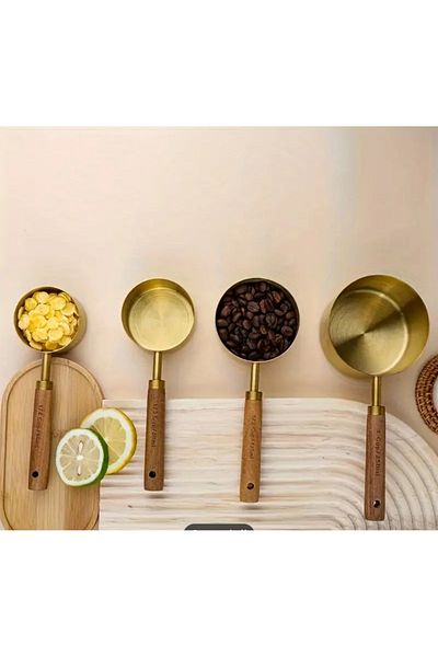 MİMOZA PARK Gold Set of 4 - Wooden Handle Measuring Spoon Sauce Bowl