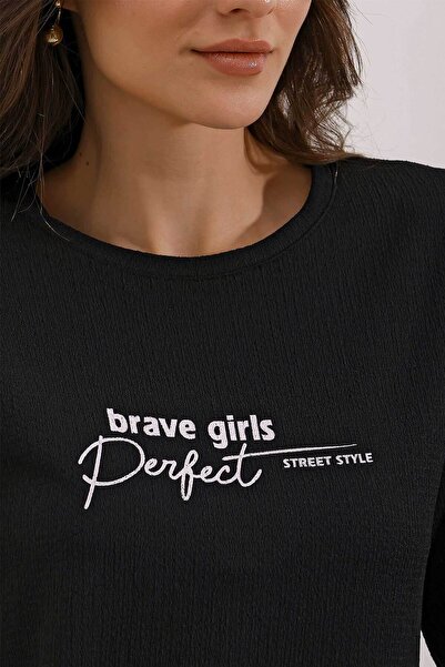 Bigdart 0472 Πλεκτό μπλουζάκι εμπριμέ Oversize - Μαύρο