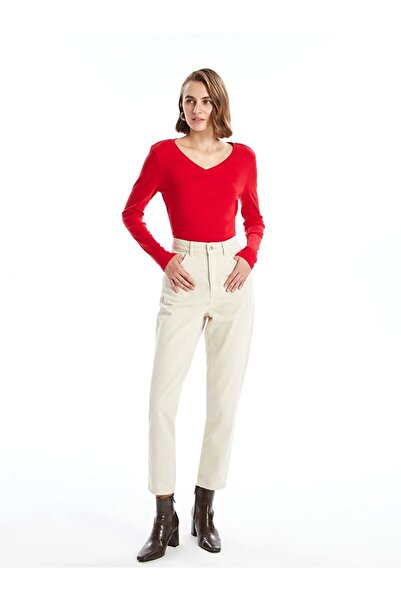 LC Waikiki Lcwaikiki Basic Red V-Neck Solid Long Sleeve Women's T-Shirt