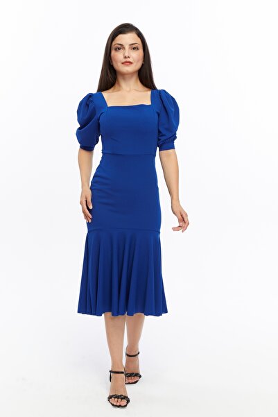 ESPOİRPLUS SAKS СИНІЙ КРЕПОВИЙ ТКАНИНА КВАДРАТНИЙ КОМИР БАЛОННІ РУКАВИ МІДІ-Д...