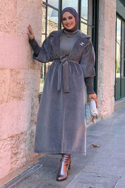 Bym Fashion Gray Long Coat - Stone Bronch Detailed, Waist Belted, 7923 Model