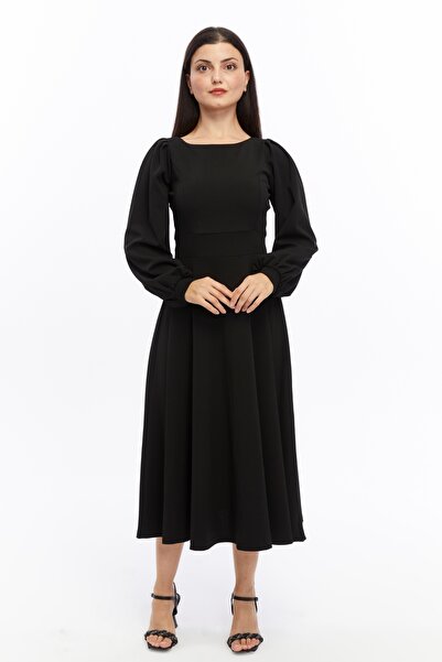 ESPOİRPLUS Μαύρο Χρώμα Μπαλόνι Μανίκι Πλήρωμα Λαιμόκοψη Μίντι Μήκος Κρεπ Υφασ...