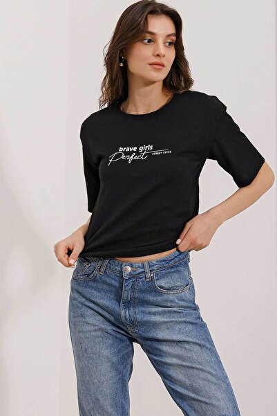 Bigdart 0472 Πλεκτό μπλουζάκι εμπριμέ Oversize - Μαύρο