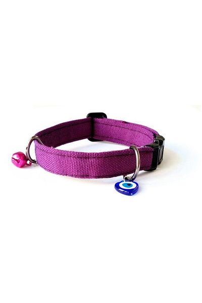 stylie Handmade Cat Collar with Evil Eye Beads and Bells, Anti-Strangulation Safe Clip, Purple
