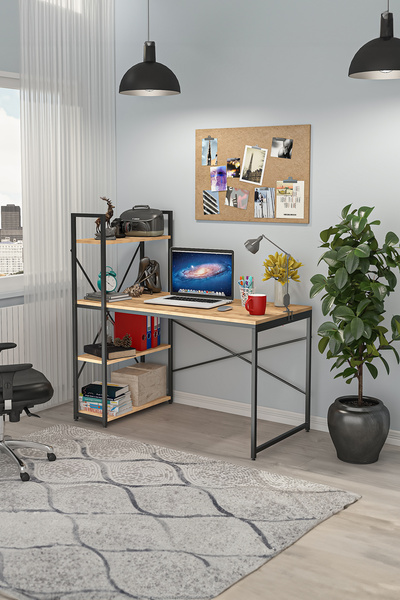 DEKOREX CLM108 CEVİZ METAL KİTAPLIKLI ÇALIŞMA MASASI