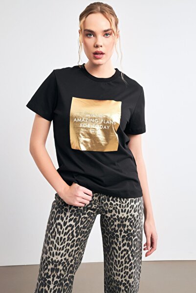 Setre Ярка печатна детайлна черна тениска с къс ръкав - Bike Neck