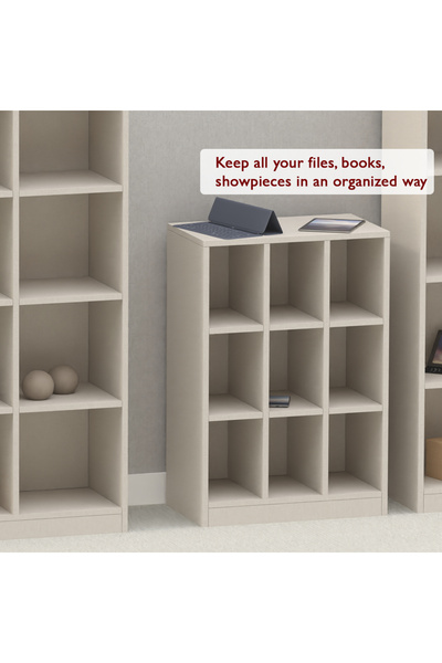 Mahmayi Wooden Display Shelves with 9 Storage Compartment, Freestanding, Light Grey