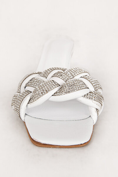 Dericlub Papuci de damă cu toc scurt cu bandă tricotată cu piatră albă - Zy 7583