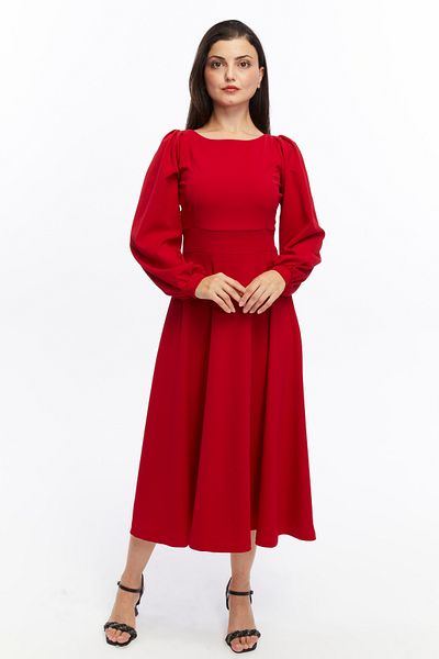 ESPOİRPLUS Red Color Balloon Sleeve Crew Neck Midi Crepe Fabric Dress